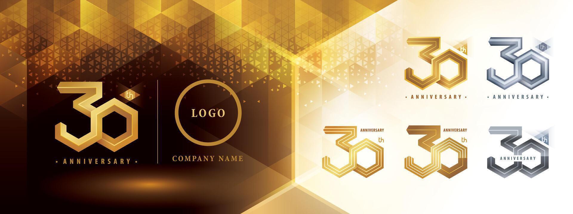 30e verjaardag logotype ontwerp, dertig jaren verjaardag viering. abstract zeshoek oneindigheid logo, 30 jaren logo gouden voor viering evenement, vector