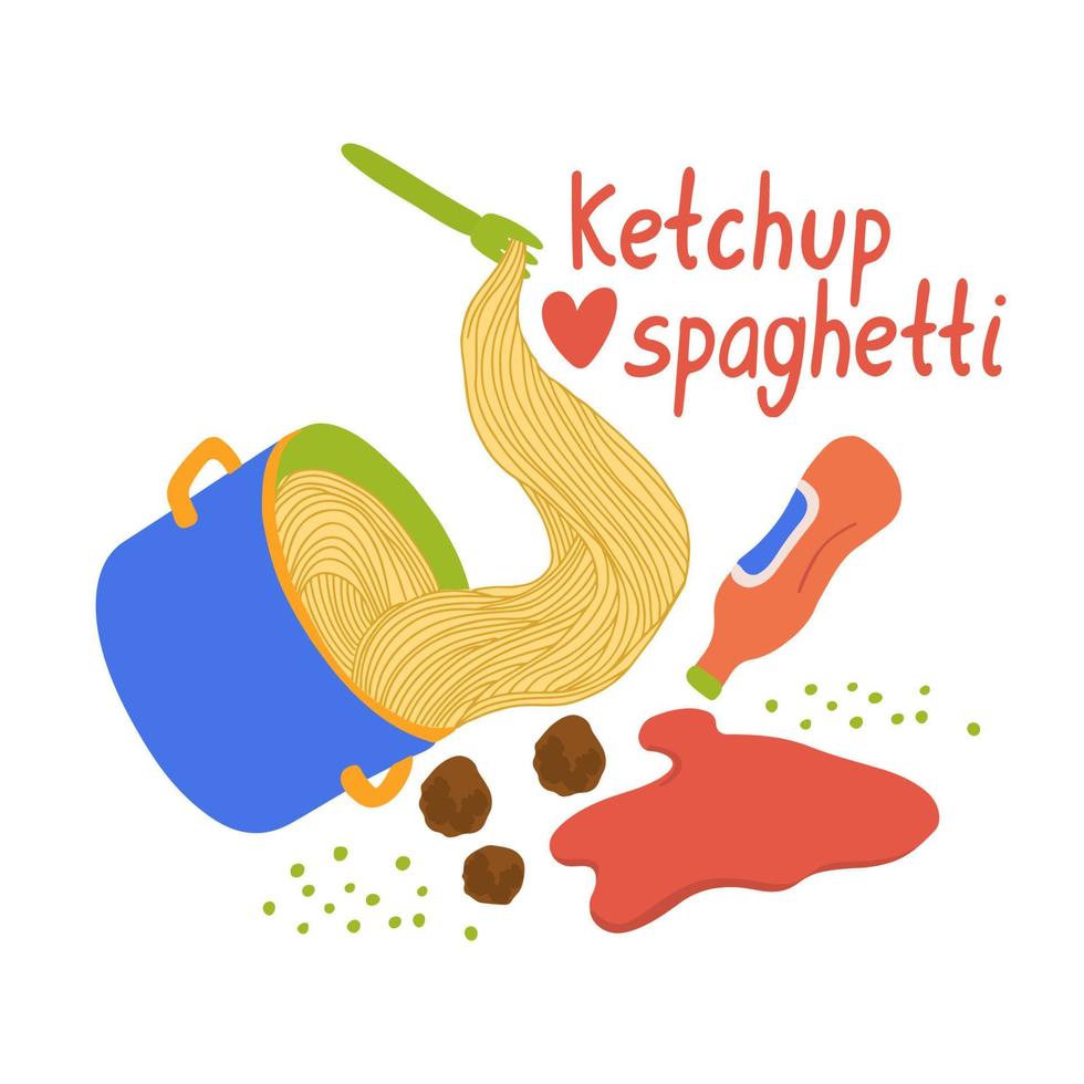 ketchup en spaghetti. belettering met een hart en een handgetekende platte illustratie van een blauwe pan vol spaghetti vector