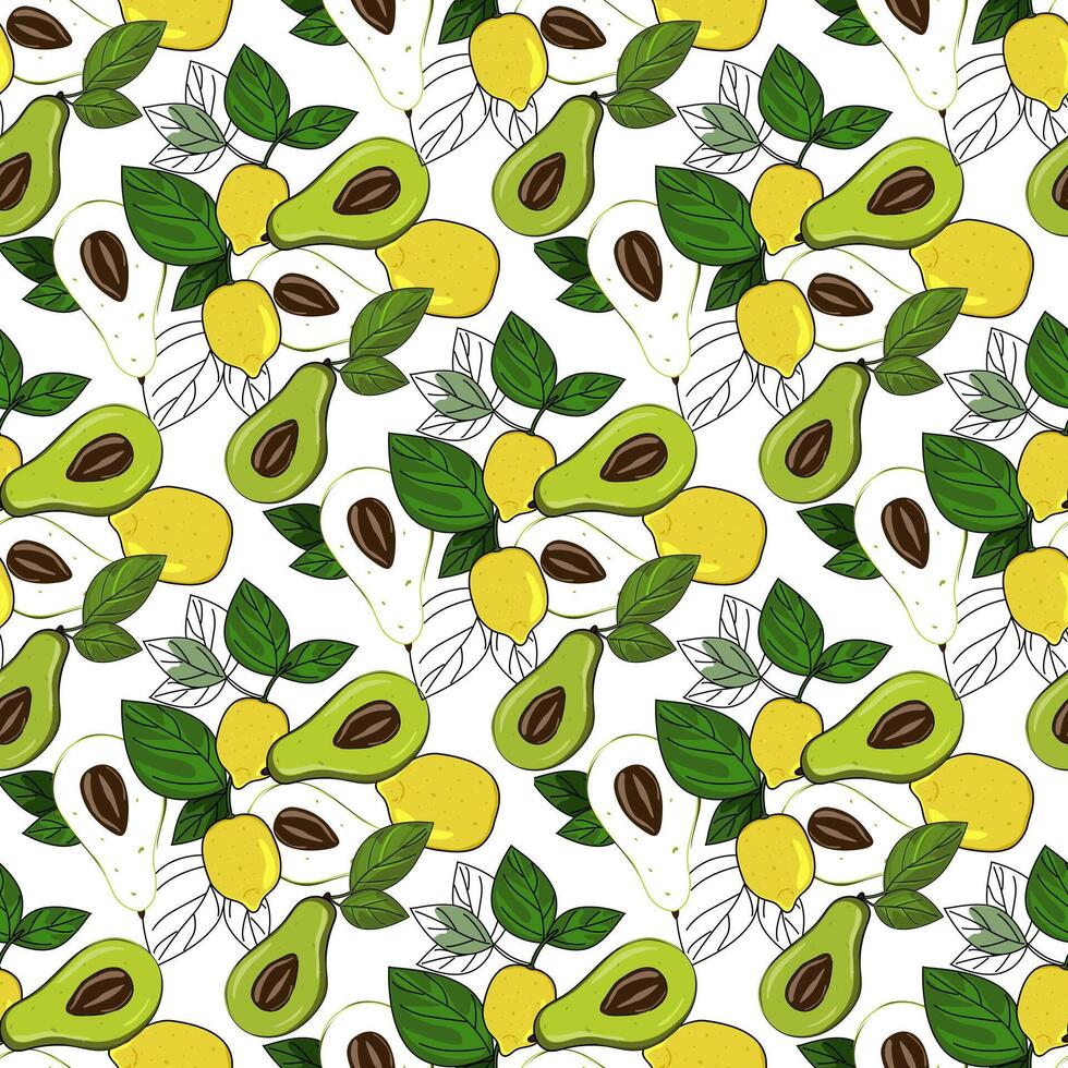 rijp, sappig avocado en citroen met bladeren, naadloos meetkundig patroon. hand- getrokken tekening stijl. ontwerp voor het drukken Aan stoffen, vakantie en banketbakkerij verpakking vector