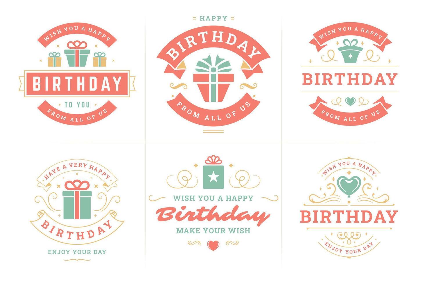 gelukkig verjaardag rood wijnoogst etiket en insigne reeks voor groet kaart ontwerp vlak illustratie vector