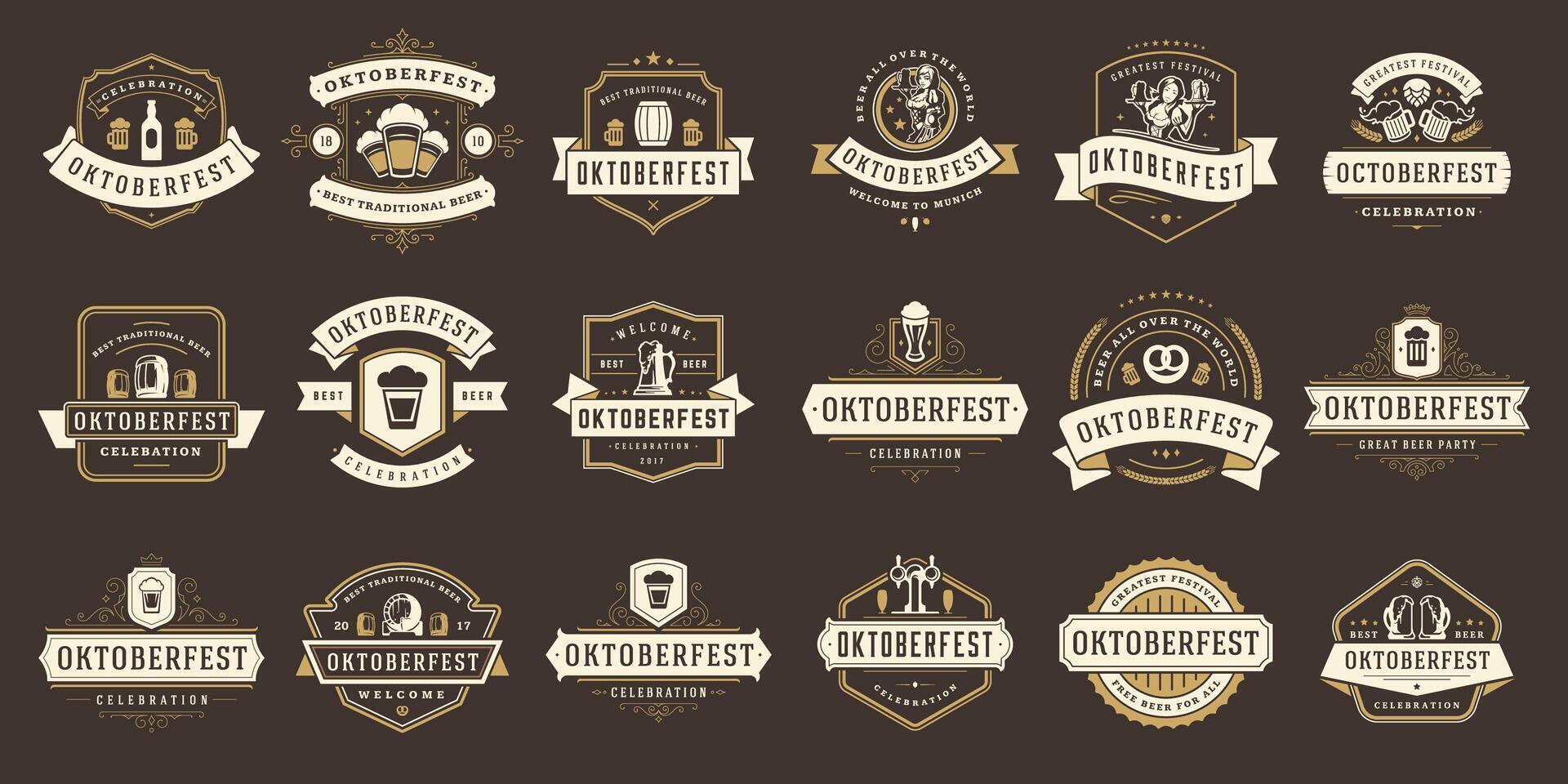 oktoberfeest badges en etiketten reeks wijnoogst typografisch ontwerp Sjablonen illustratie. vector