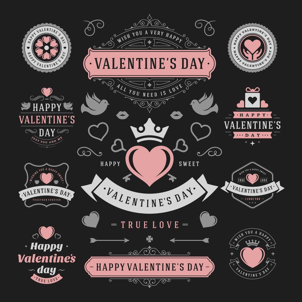 valentijnsdag dag etiketten en kaarten set, hart pictogrammen symbolen, groeten kaarten, silhouetten vector