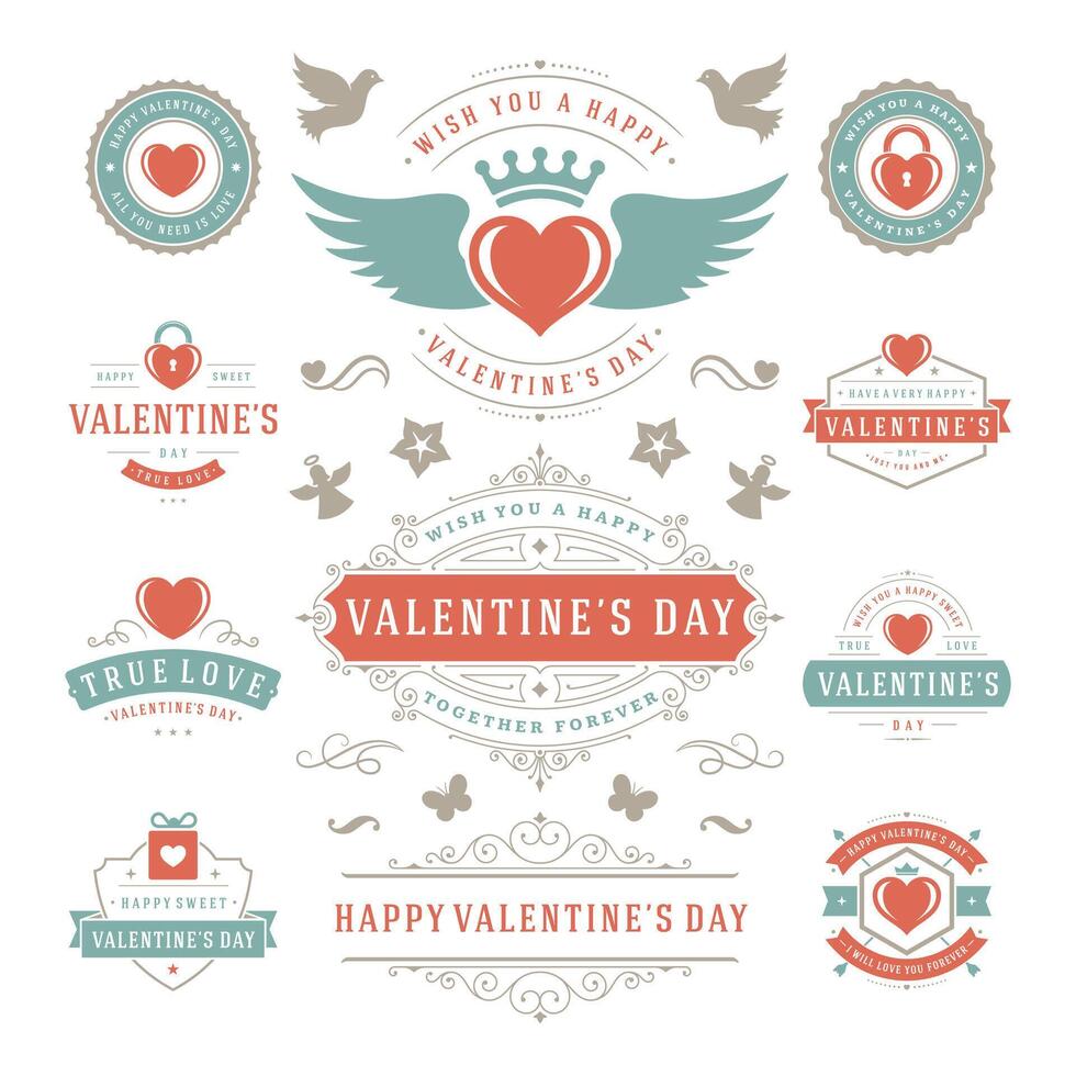 valentijnsdag dag etiketten en kaarten set, hart pictogrammen symbolen, groeten kaarten, silhouetten vector