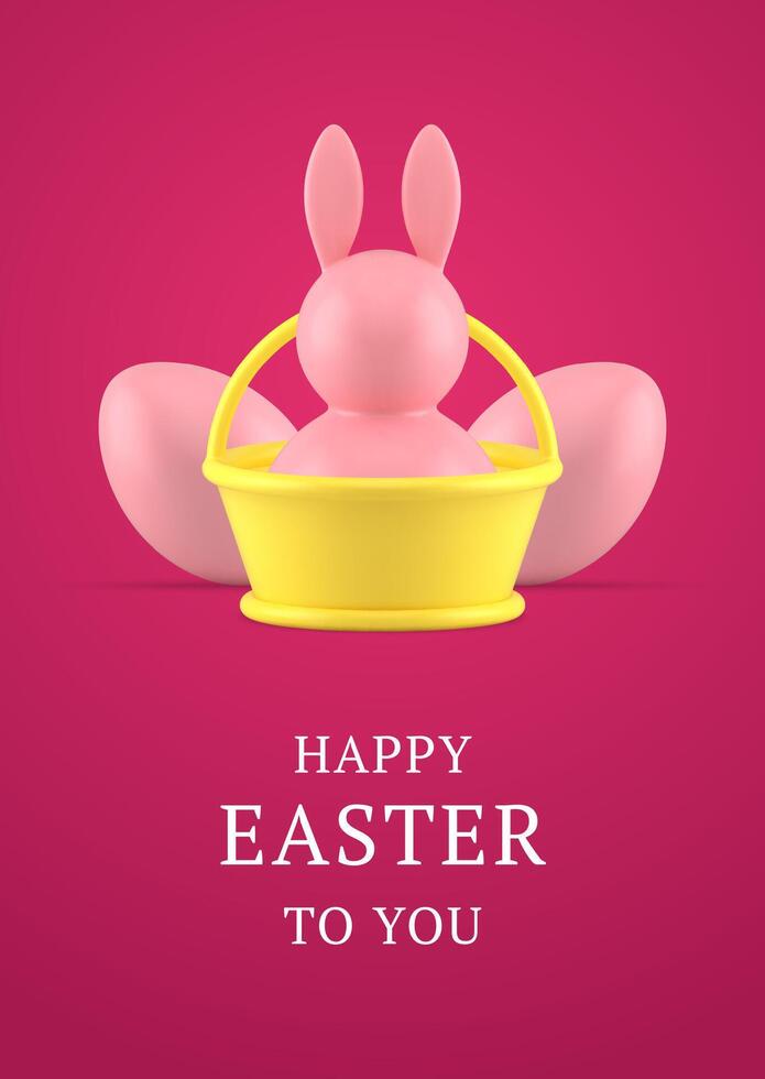 gelukkig Pasen 3d groet kaart konijn snuisterij in mand met geschilderd kip eieren ontwerp sjabloon vector