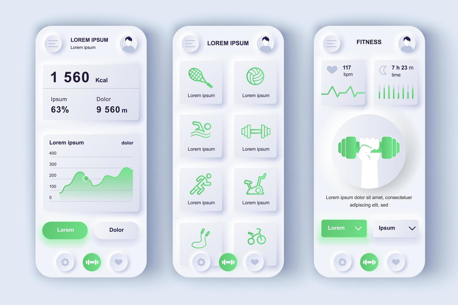 fitness workout concept neumorfe sjablonen set. calorie-tracker, verschillende sporttrainingen, statistische gegevens. ui, ux, gui-schermen voor responsieve mobiele app. vectorontwerpkit in neumorfismestijl vector