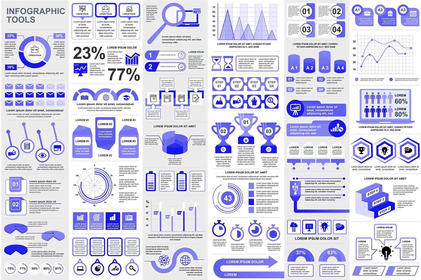 bundel infographic elementen data visualisatie vector ontwerpsjabloon. mega-set. kan worden gebruikt voor stappen, bedrijfsprocessen, workflow, diagram, stroomdiagramconcept, tijdlijn, pictogrammen, info-graphics.