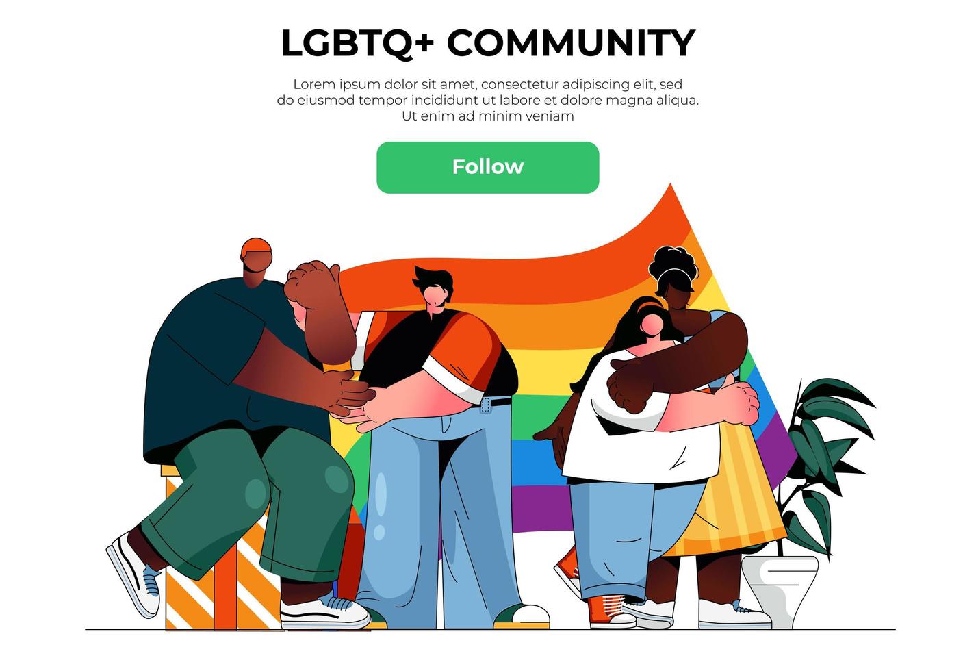 lgbtq gemeenschap webbanner concept. gelukkige knuffelende multiraciale homo- en lesbische koppels met regenboogvlag, sjabloon voor de landingspagina van de mensenrechtentrots. vectorillustratie met mensenscène in plat ontwerp vector