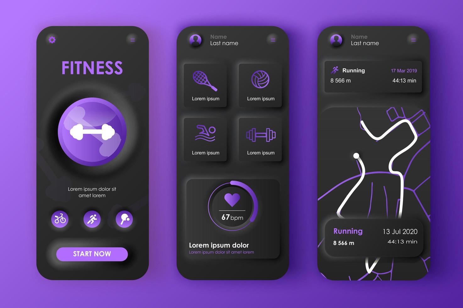 fitness workout concept neumorfe sjablonen set. tracker verschillende sporttrainingen, hardlooproutes, statistieken. ui, ux, gui-schermen voor responsieve mobiele app. vectorontwerpkit in neumorfismestijl vector
