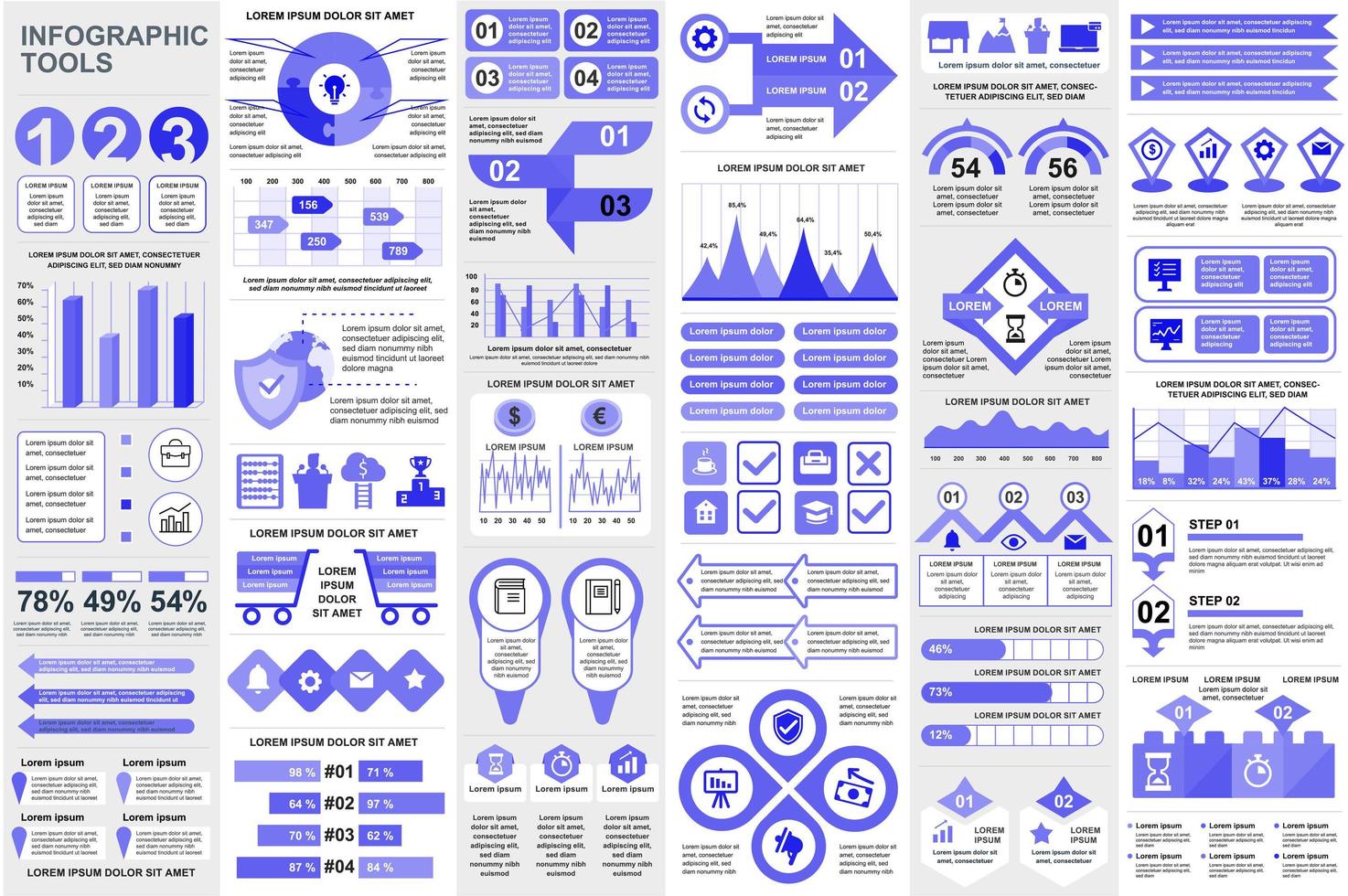 bundel infographic elementen data visualisatie vector ontwerpsjabloon. mega-set. kan worden gebruikt voor stappen, bedrijfsprocessen, workflow, diagram, stroomdiagramconcept, tijdlijn, pictogrammen, info-graphics.