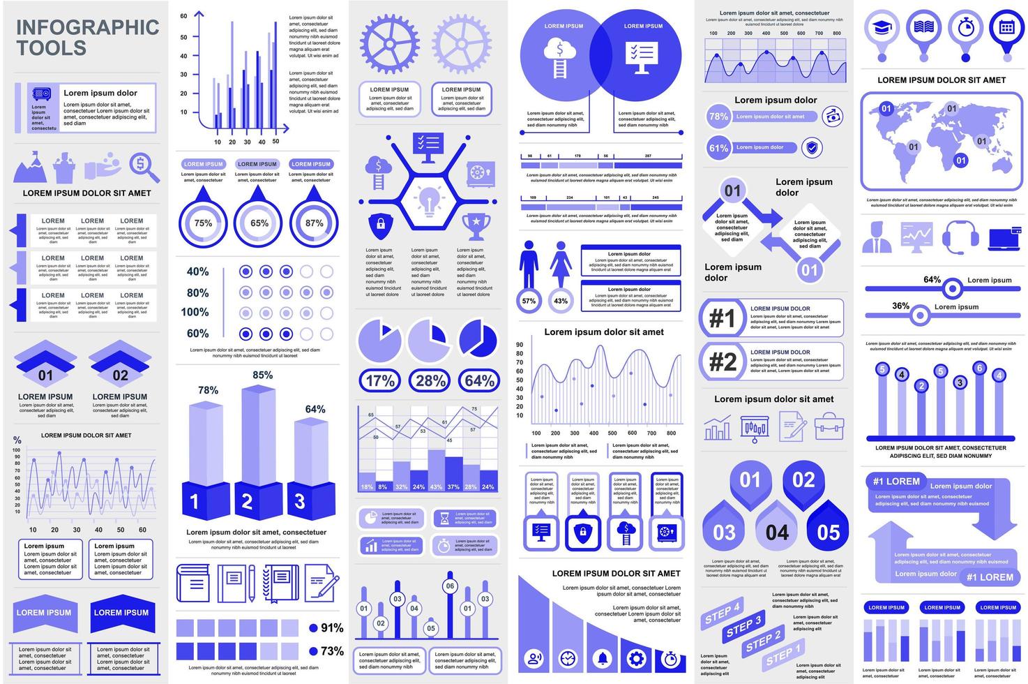 bundel infographic elementen data visualisatie vector ontwerpsjabloon. mega-set. kan worden gebruikt voor stappen, bedrijfsprocessen, workflow, diagram, stroomdiagramconcept, tijdlijn, pictogrammen, info-graphics.