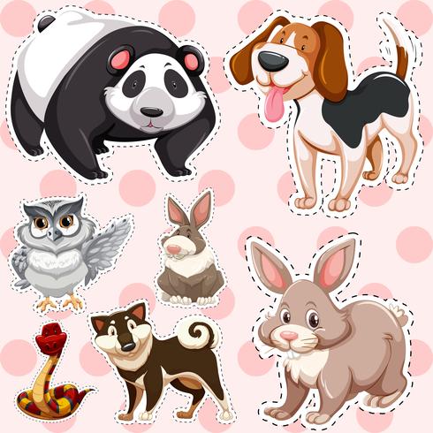 Stickerset schattige dieren op roze achtergrond vector