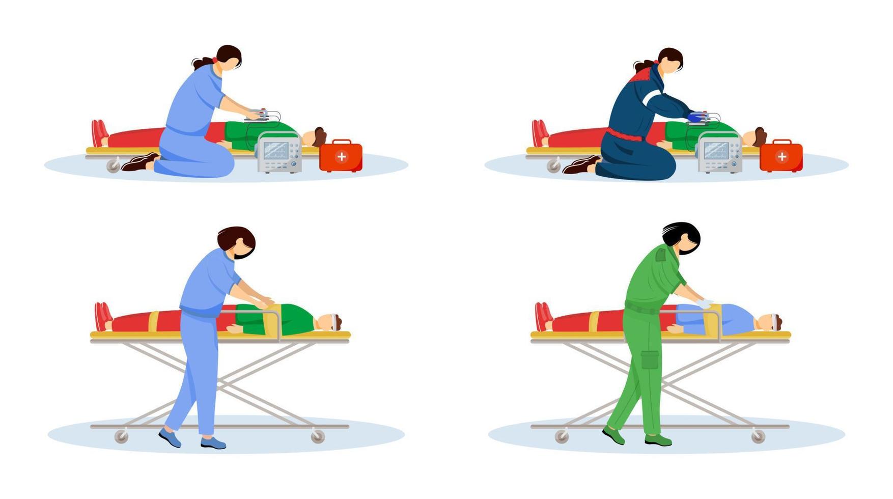 EHBO platte vector illustraties set. spoedartsen en gewonde patiënten. spoedeisende hulp, reanimatie. paramedici, emt met defibrillator stripfiguren geïsoleerd op een witte achtergrond