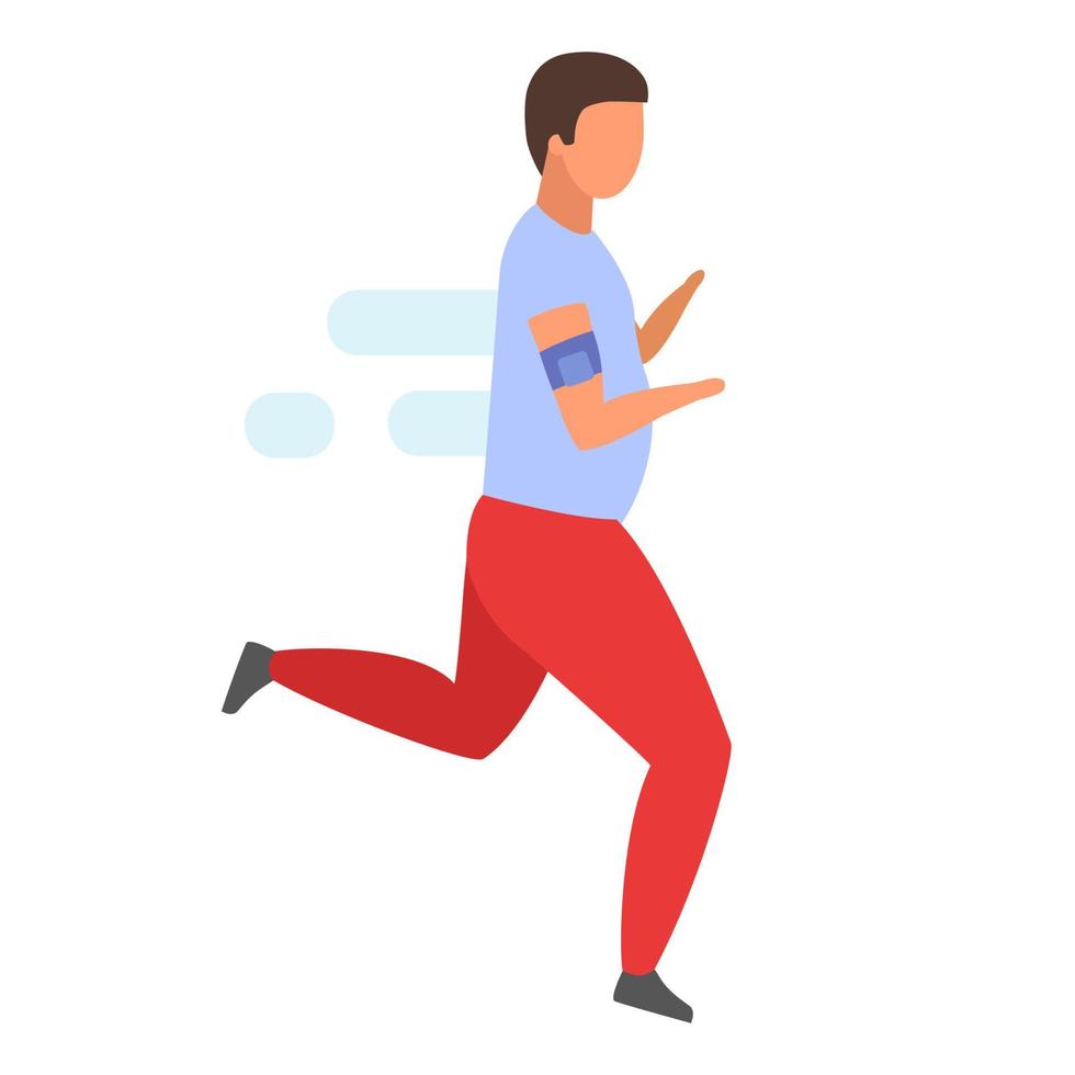 mannelijke jogger platte vectorillustratie. overgewicht man loopt om gewicht te verliezen geïsoleerde stripfiguur op witte achtergrond. atleet in sportkleding sporten, ochtendoefeningen, joggen vector