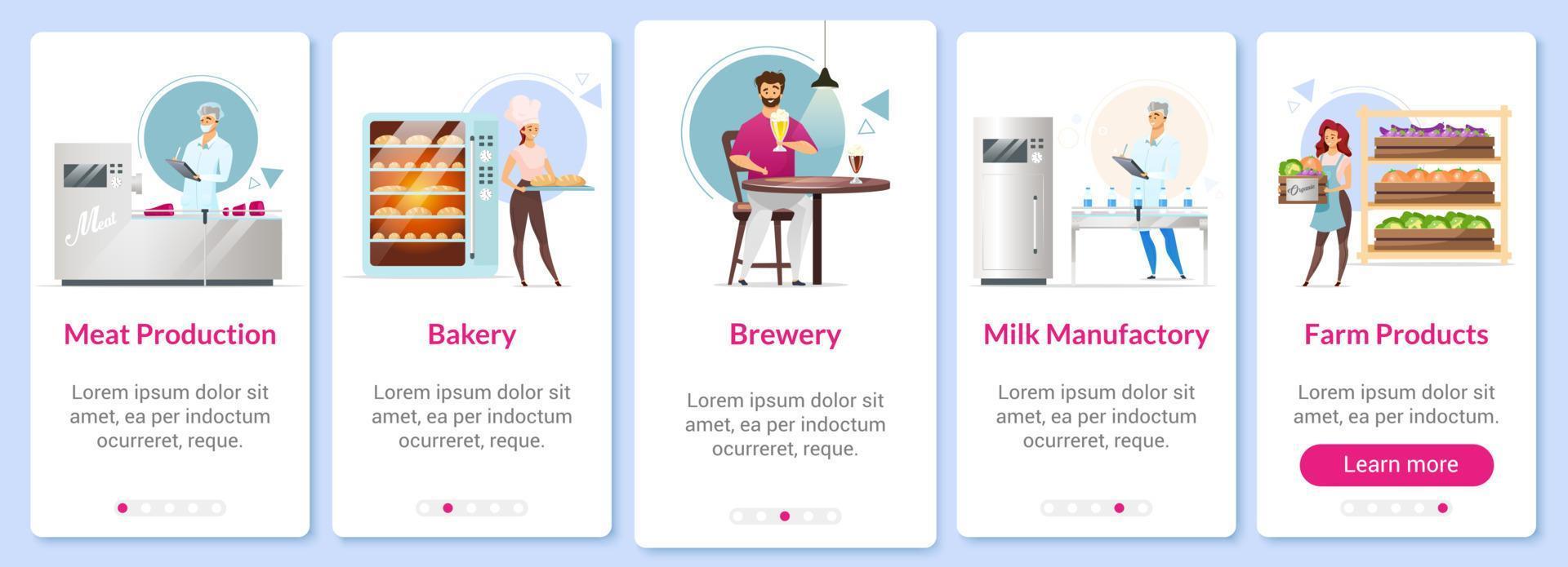 productie onboarding mobiele app scherm vector sjabloon. vlees, melk en landbouwproducten. bakkerij. brouwerij. walkthrough website stappen met platte karakters. ux, ui, gui smartphone cartoon interface concept