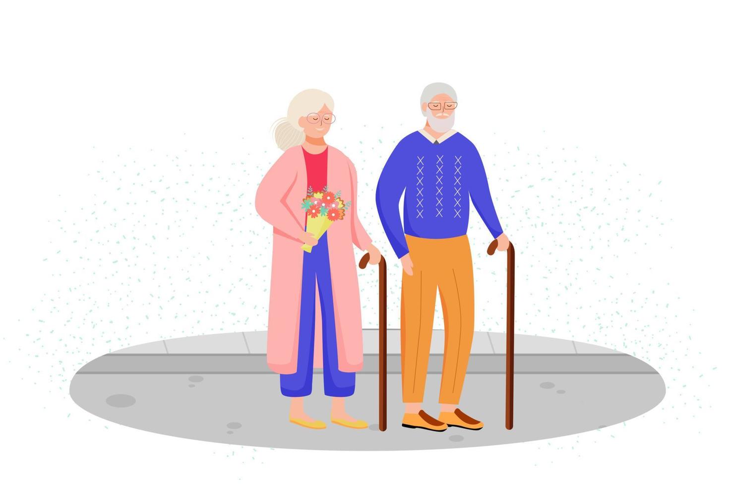 gepensioneerden platte vectorillustratie. senior leeftijd gezin met wandelstok. oud stel brengt samen tijd door. buiten lopen. oudere vrouw met boeket bloemen. gepensioneerden stripfiguren vector