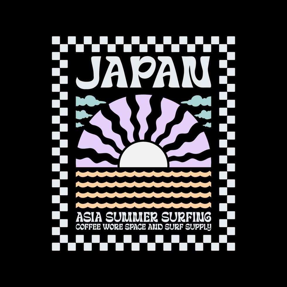 verkennen surfing met een Japans twist groovy Azië t-shirt ontwerp vector