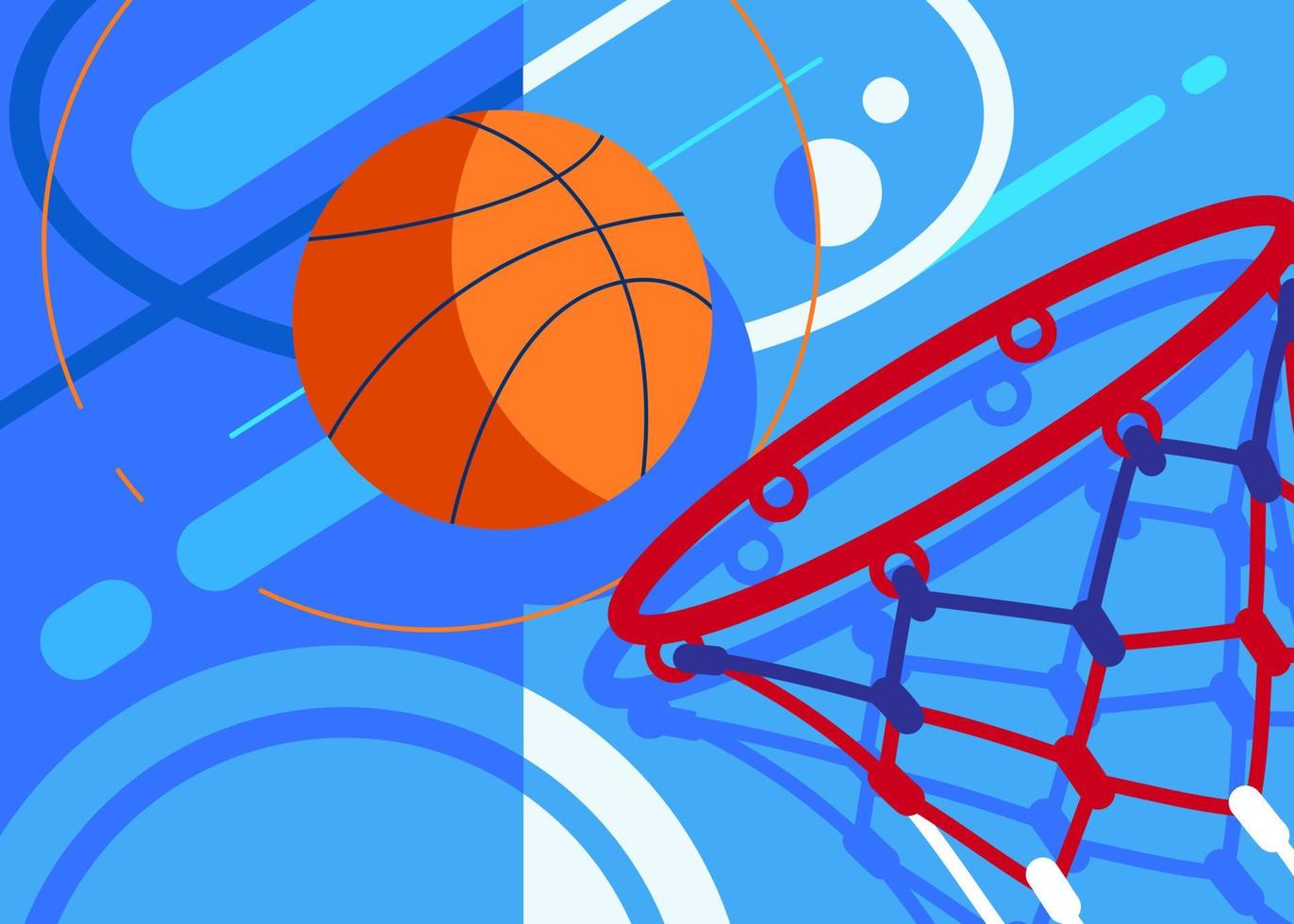 basketbalbanner met bal en mand. vector