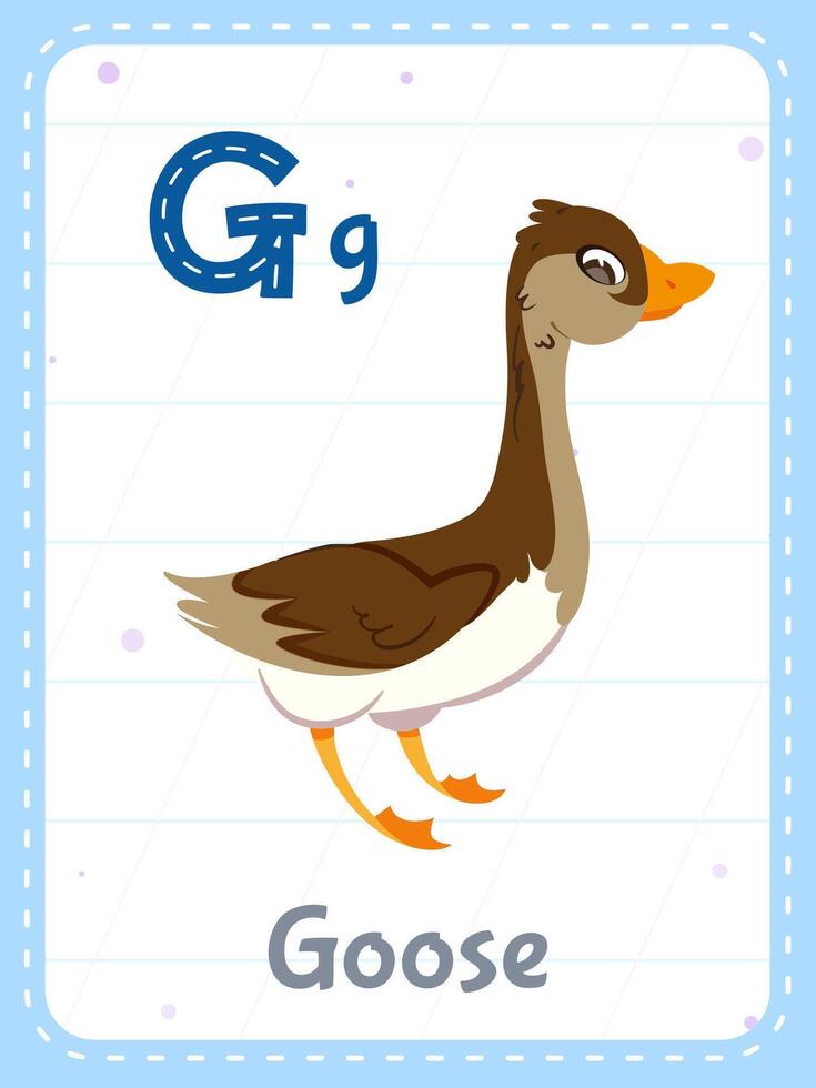 alfabet afdrukbare geheugenkaart met brief g. tekenfilm schattig gans dier afbeelding en Engels woord Aan flash kaart voor kinderen onderwijs. school- geheugen kaarten voor kleuterschool kinderen vlak illustratie. vector