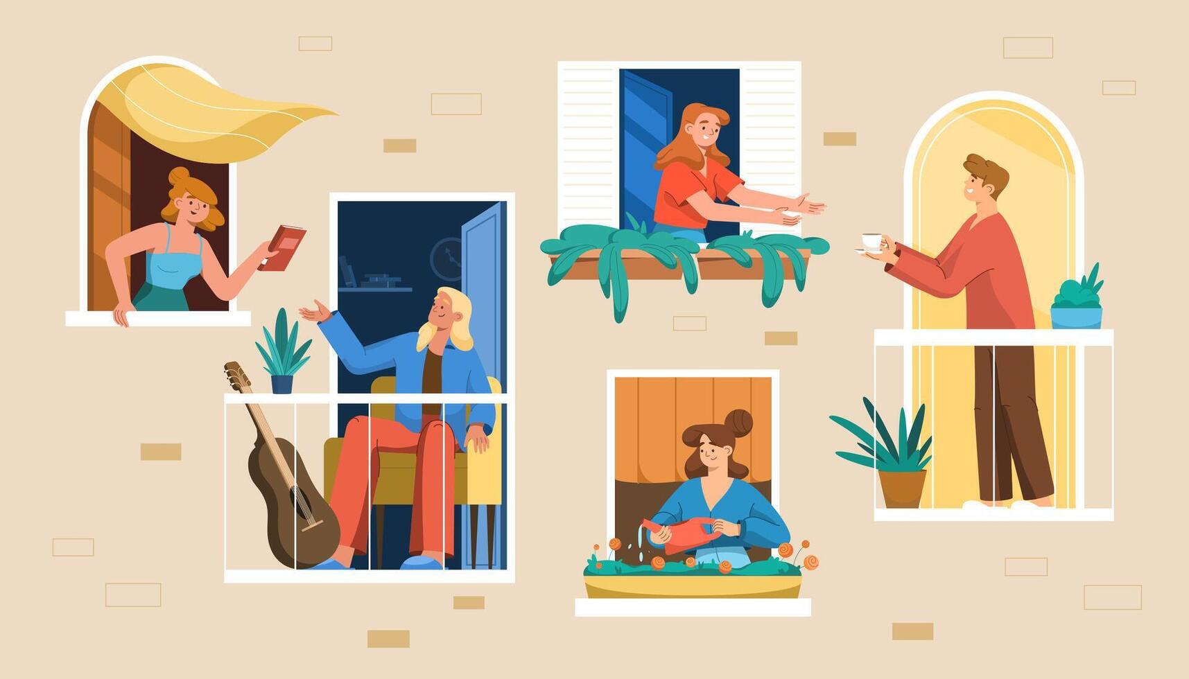 huis facade met buren in Open ramen en balkons. gelukkig mensen kijken uit van venster sharing kop van koffie, boeken en jong meisje gieter planten. mooi zo buurt communicatie en verhouding vector