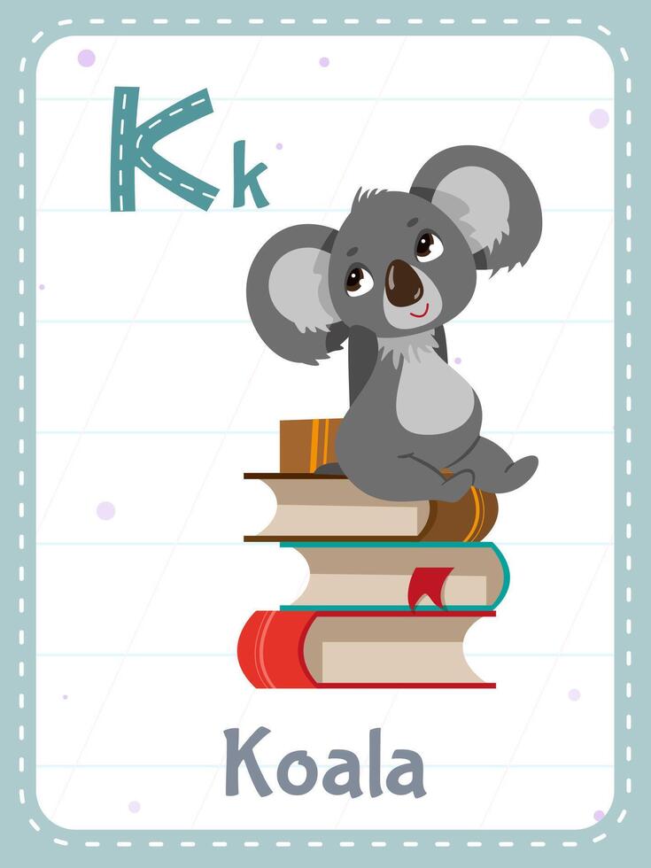alfabet afdrukbare geheugenkaart met brief k. tekenfilm schattig koala dier en Engels woord Aan flash kaart voor kinderen onderwijs. school- geheugen kaarten voor kleuterschool kinderen vlak illustratie. vector