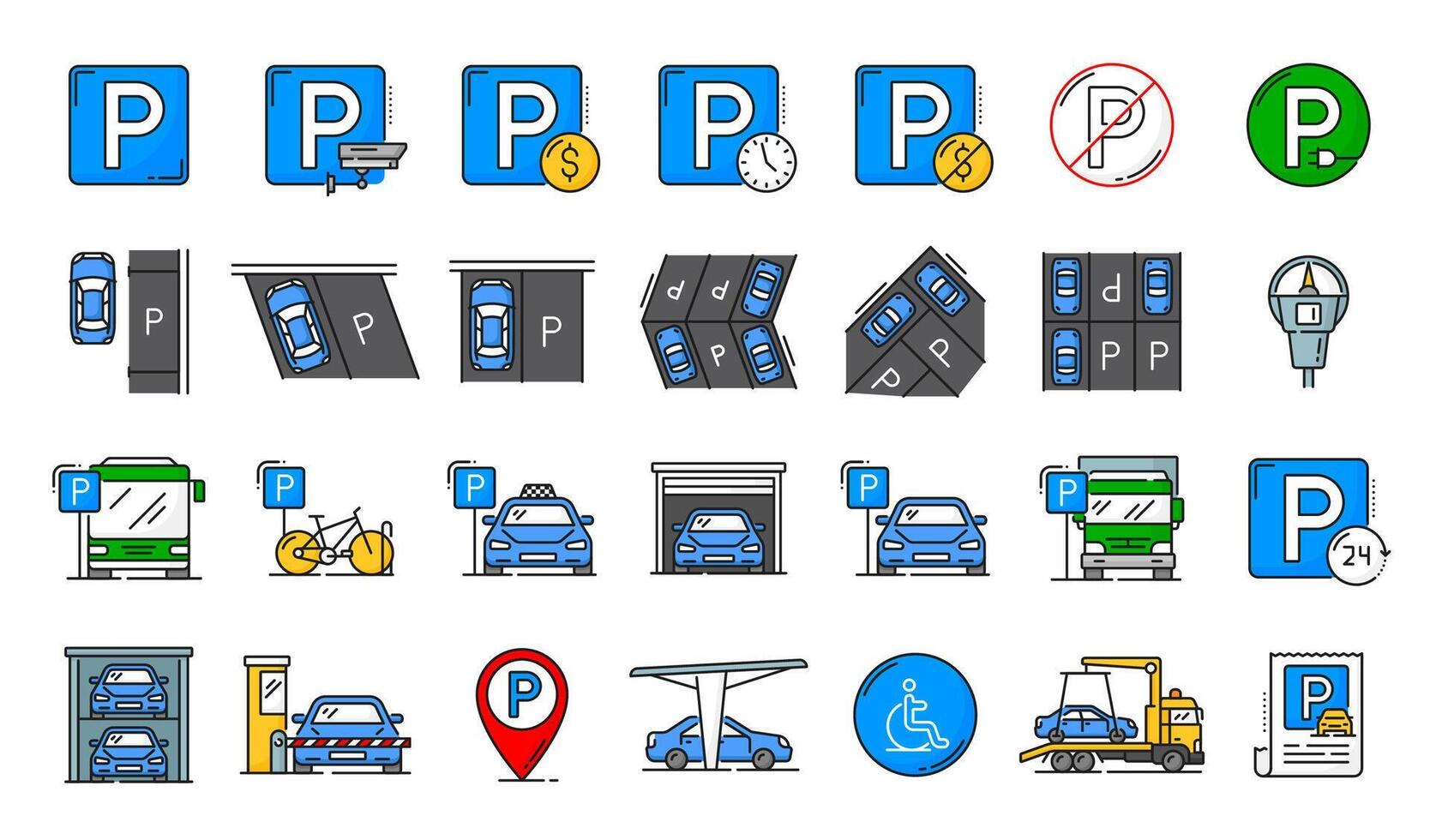 automatisch garage onderhoud en parkeren lijn pictogrammen vector