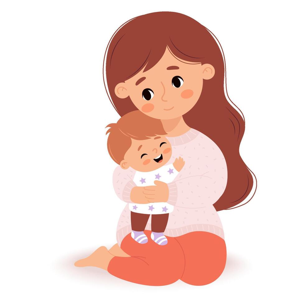 schattig jong moeder meisje teder knuffels haar weinig kind. illustratie vlak tekenfilm stijl. gelukkig karakter vector
