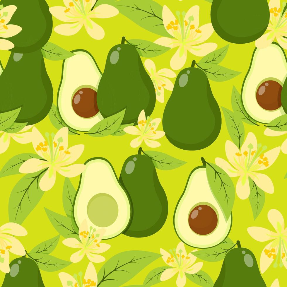 exotisch naadloos patroon van avocado, bladeren en bloemen Aan een groen achtergrond vector