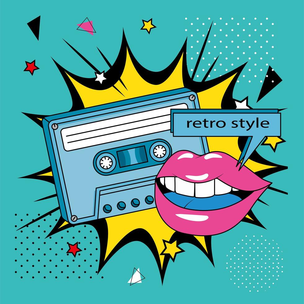 cassette uit de jaren negentig met lippen in explosie pop art vector