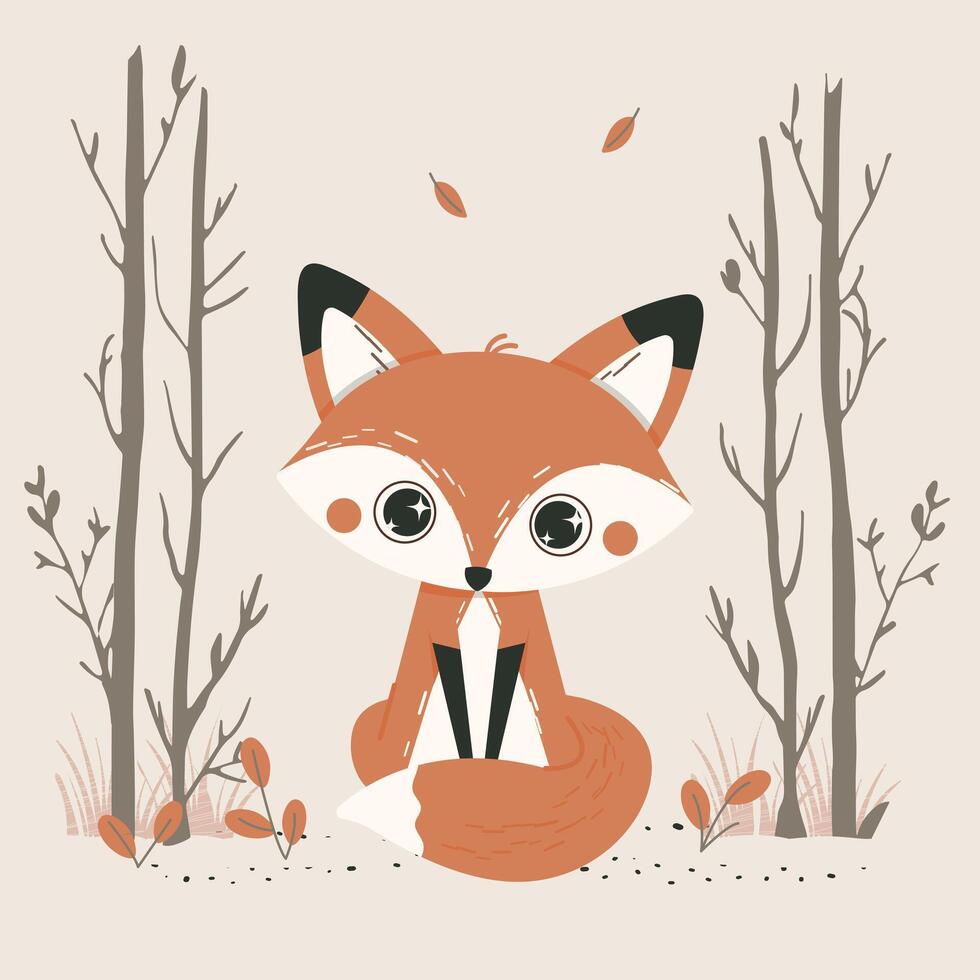 tekenfilm baby vos schattig weinig dier is zittend in de herfst Woud bladeren vallend vector