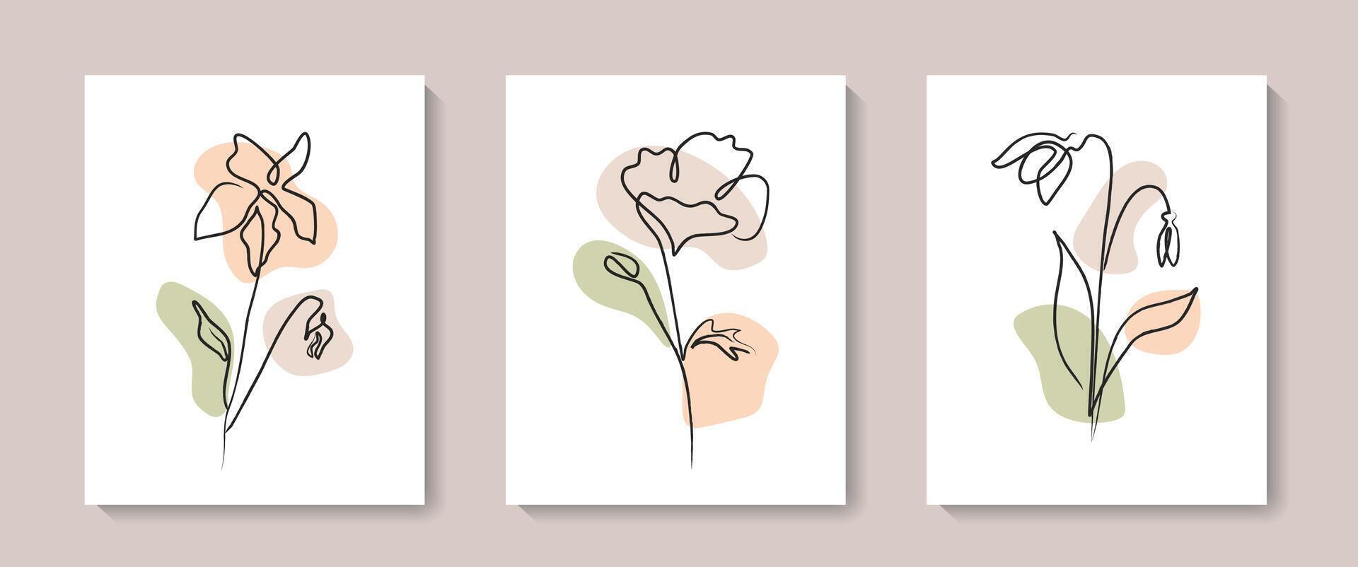 botanisch muur kunst set. gebladerte en bloem lijn kunst tekening met abstract vorm voor afdrukken, omslag, behang, poster. modieus minimaal muur kunst. illustratie vector