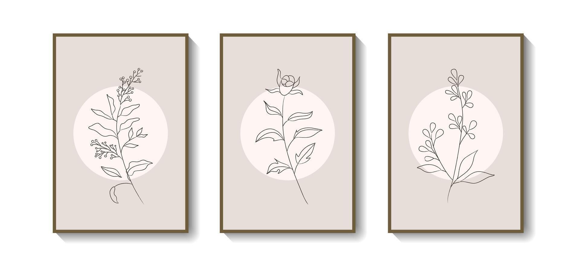 botanisch muur kunst set. gebladerte en bloem lijn kunst tekening met abstract vorm voor afdrukken, omslag, behang, poster. modieus minimaal muur kunst. illustratie vector