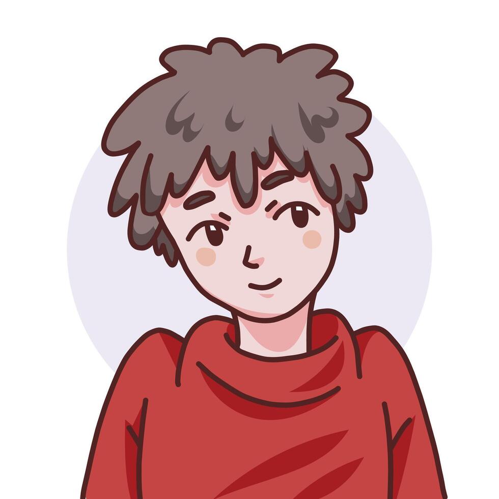 schattig Koreaans of Japans gestileerd geschetst kunst. jong persoon tekening met gekruld bruin haar- en rood shirt. gezicht met glimlachen uitdrukking gemakkelijk vlak vol gekleurde illustratie. vector