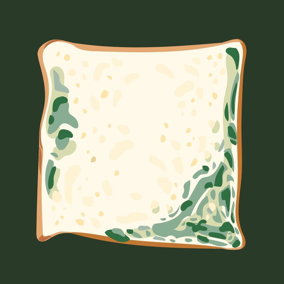 beschimmeld brood. wortelen en niet meer geldig wit droog brood met groen paddestoel schimmels illustratie geïsoleerd Aan plein donker achtergrond. gemakkelijk vlak tekenfilm kunst gestileerd tekening. vector