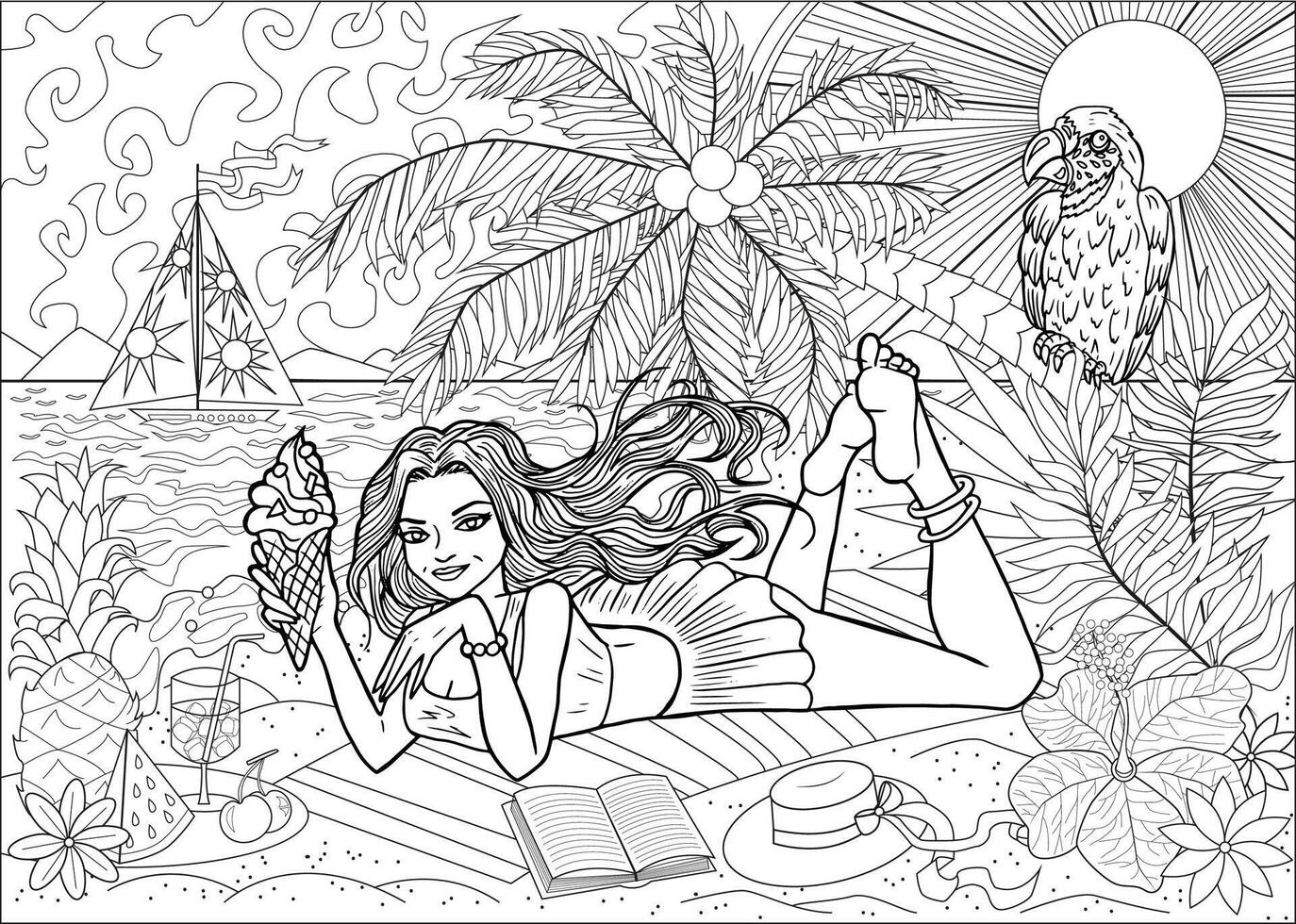 kleur bladzijde met jong mooi vrouw met boek en cocktail drinken Aan vakantie Aan strand tegen tropisch natuur en zeegezicht. zomer achtergrond, reizen concept, lijn kunst. vector