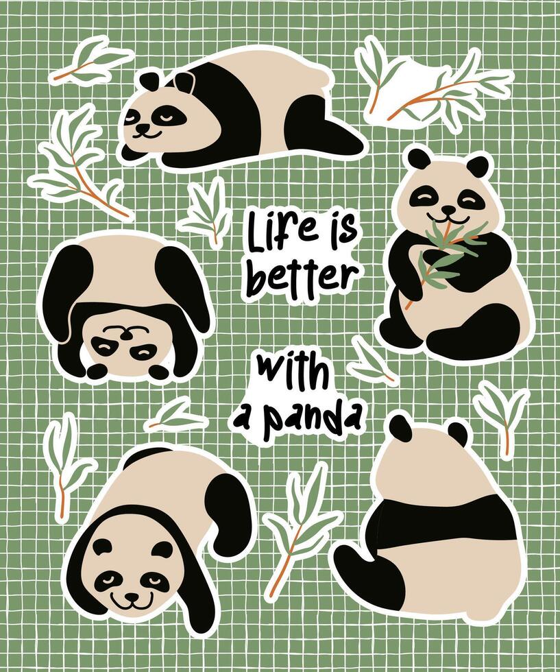 panda en bamboe sticker set. vlak, tekenfilm illustratie vector