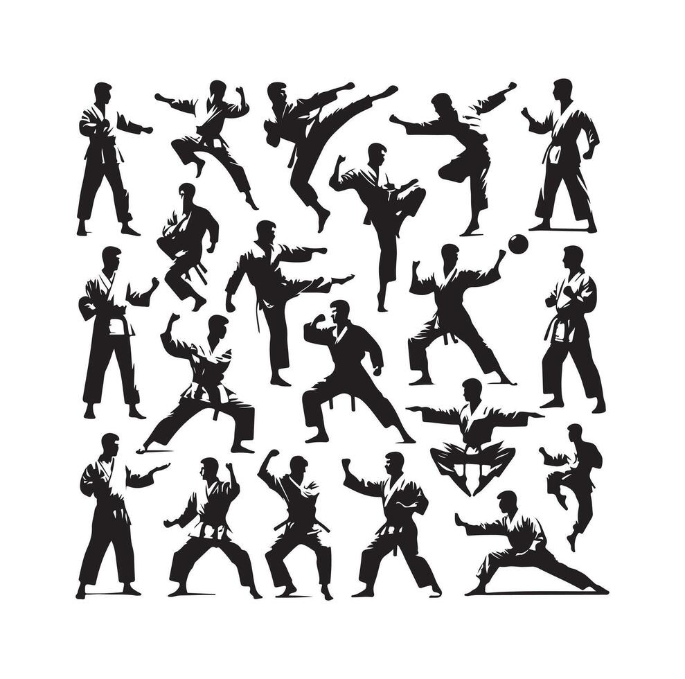 krijgshaftig kunst of karate silhouetten illustratie . Japan China traditioneel krijgshaftig kunst. zelfverdediging presentatie symbolen. lichaam poses pictogrammen. karate poses tekens vector