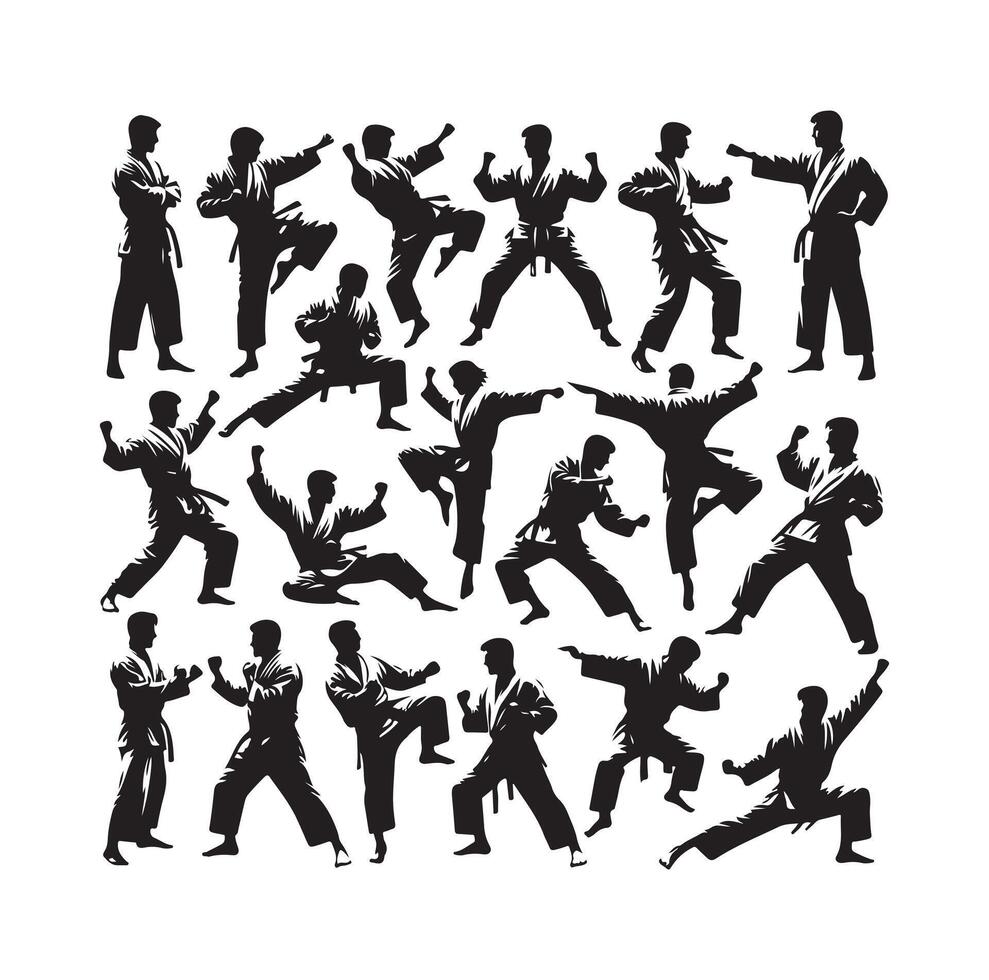 krijgshaftig kunst of karate silhouetten illustratie . Japan China traditioneel krijgshaftig kunst. zelfverdediging presentatie symbolen. lichaam poses pictogrammen. karate poses tekens vector