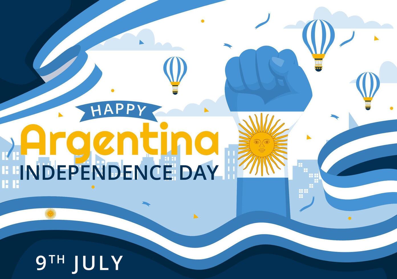 gelukkig Argentinië onafhankelijkheid dag illustratie Aan 9e van juli met golvend vlag en lint in vlak tekenfilm viering achtergrond ontwerp vector