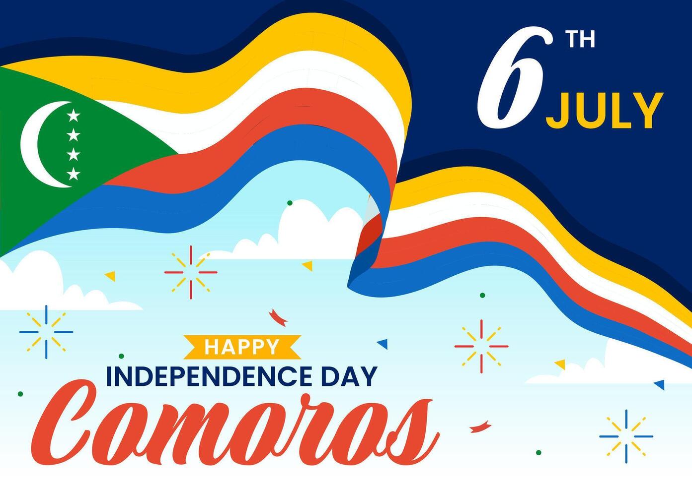 gelukkig comoren onafhankelijkheid dag illustratie Aan 6 juli met comoreans golvend vlag in nationaal vakantie vlak tekenfilm achtergrond ontwerp vector