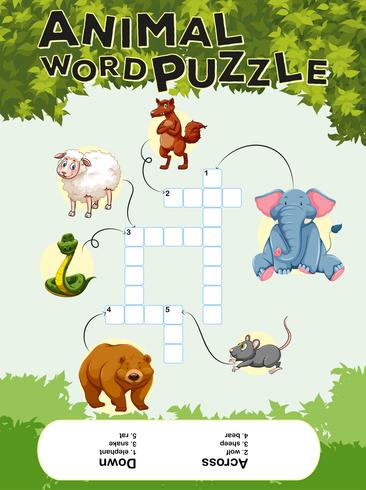 Kruiswoordpuzzel met veel dieren vector