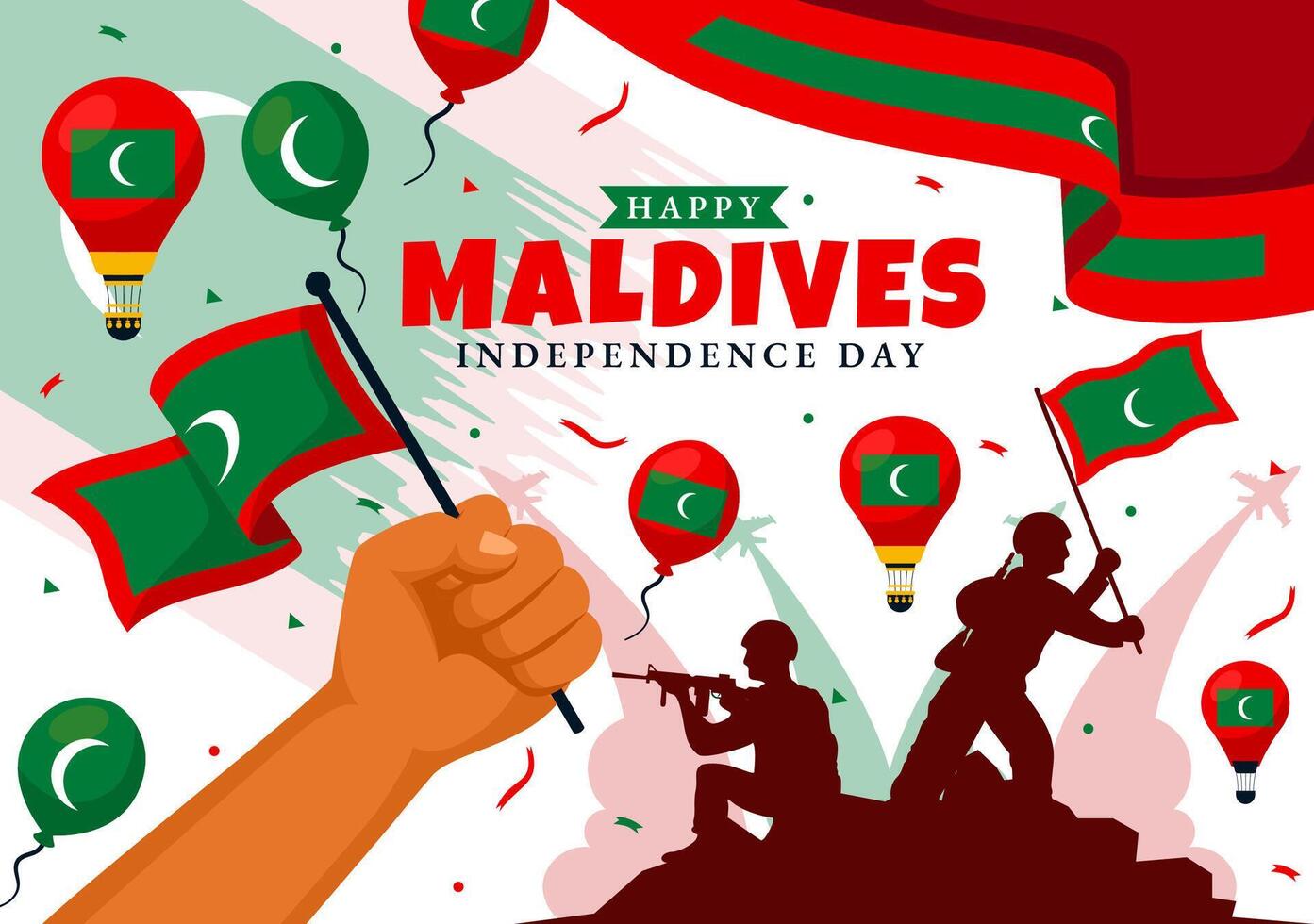 gelukkig Maldiven onafhankelijkheid dag illustratie Aan 26 juli met Maldivisch golvend vlag en lint in vlak tekenfilm achtergrond ontwerp vector