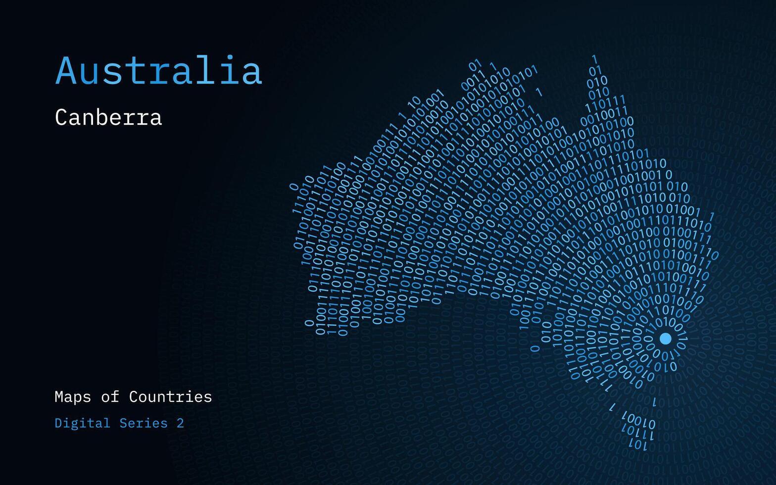 een kaart van Australië afgebeeld in nullen en degenen in de het formulier van een cirkel. de hoofdstad, canberra, is getoond in de centrum van de cirkel vector