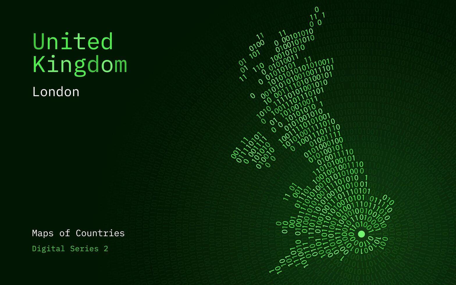 een kaart van Verenigde koninkrijk afgebeeld in nullen en degenen in de het formulier van een cirkel. de hoofdstad, Londen, is getoond in de centrum van de cirkel vector