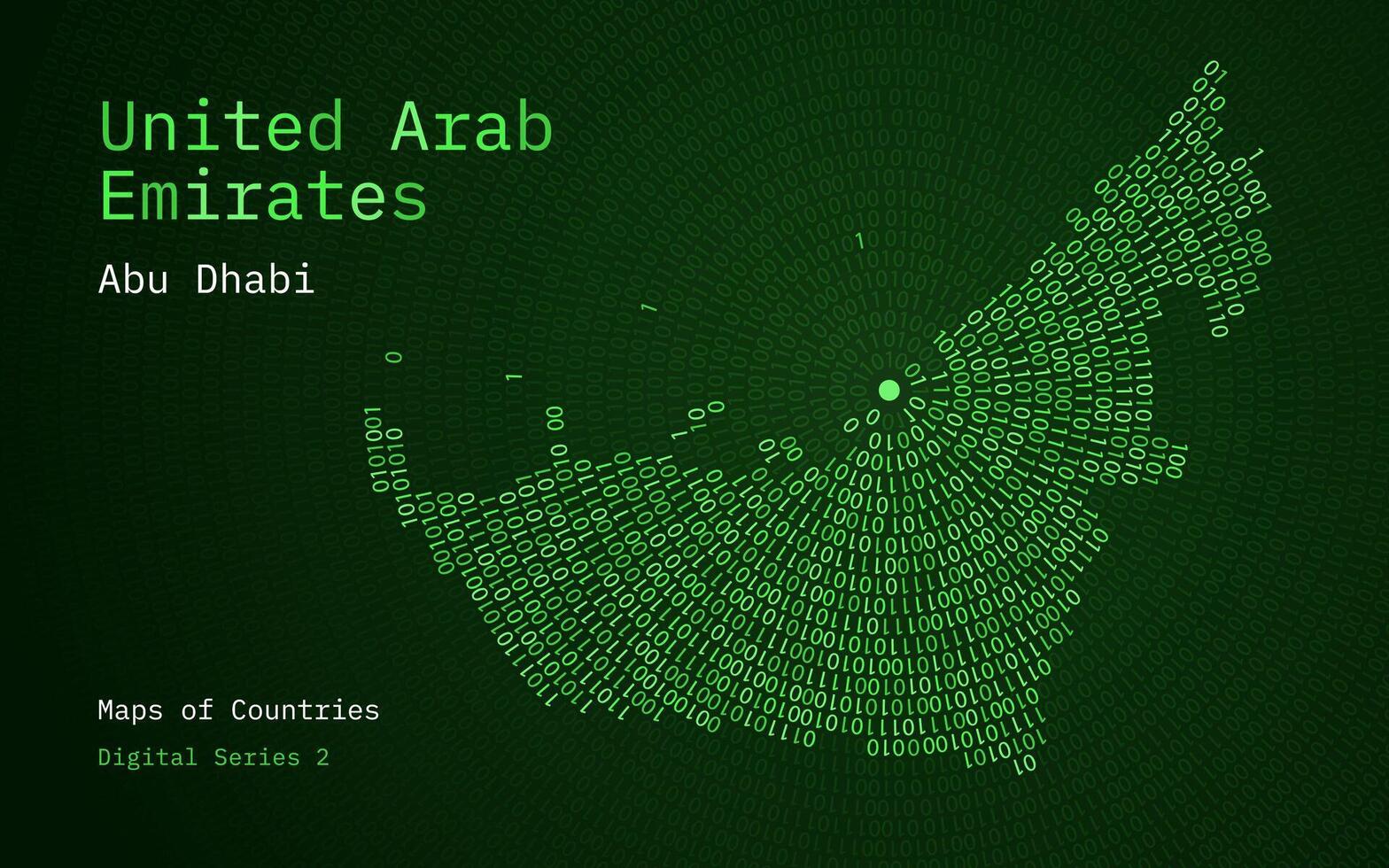 een kaart van Verenigde Arabisch emiraten afgebeeld in nullen en degenen in de het formulier van een cirkel. de hoofdstad, abu dhabi, is getoond in de centrum van de cirkel vector