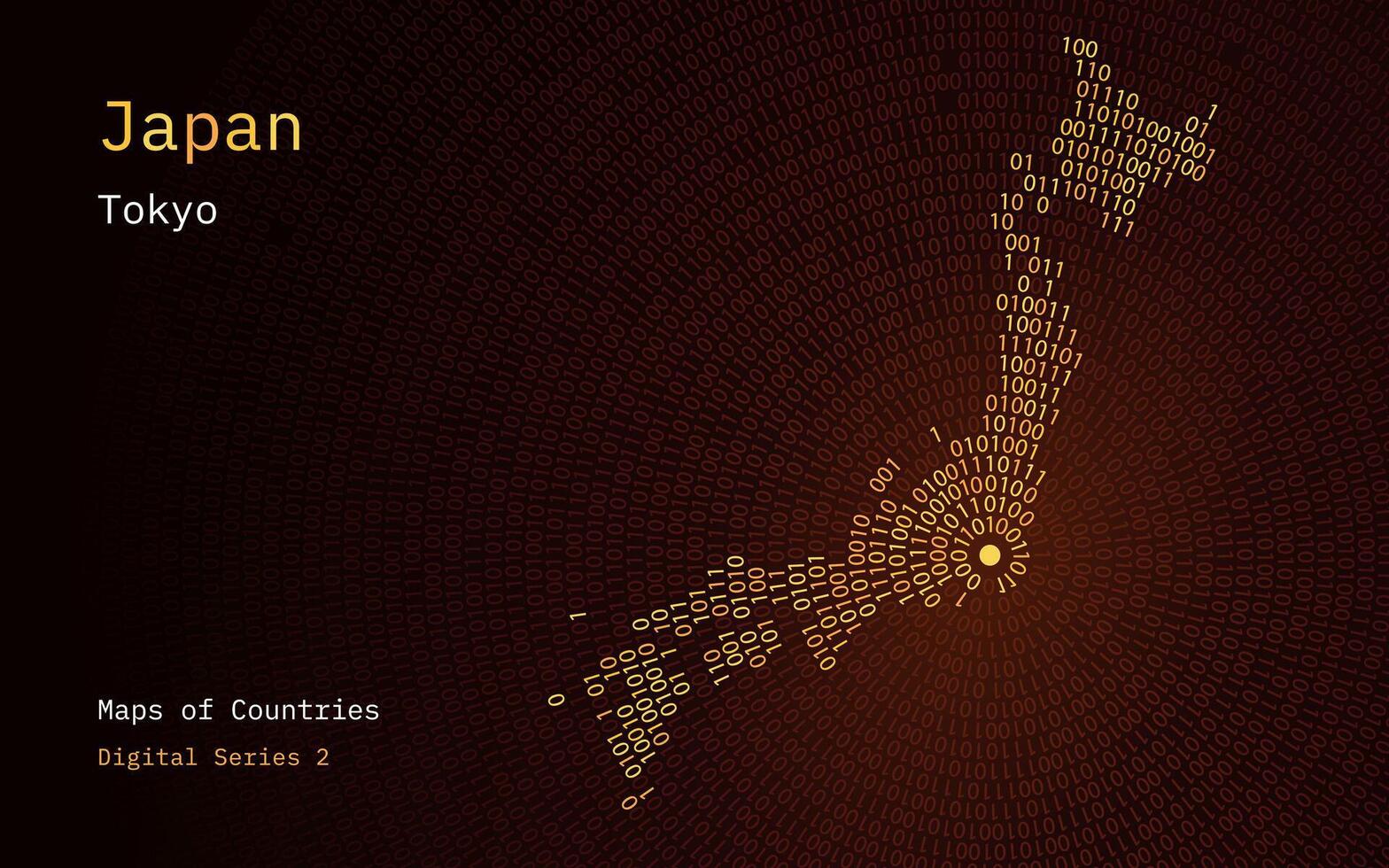 een kaart van Japan afgebeeld in nullen en degenen in de het formulier van een cirkel. de hoofdstad, Tokio, is getoond in de centrum van de cirkel vector