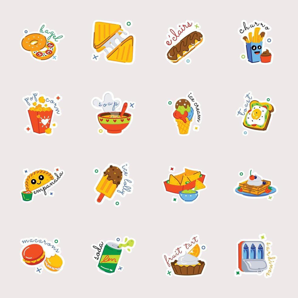 bundel van 16 snacks en desserts vlak stickers vector