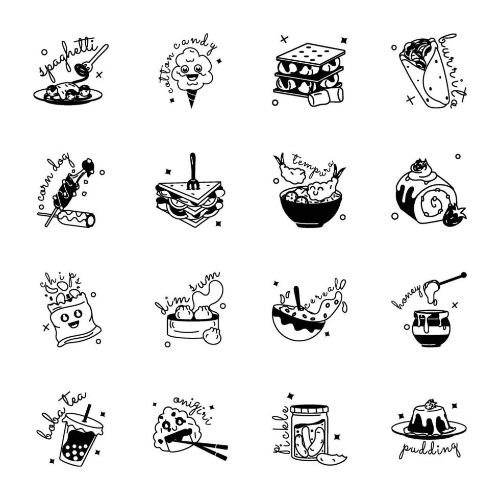 modern reeks van straat voedsel en desserts glyph stickers vector