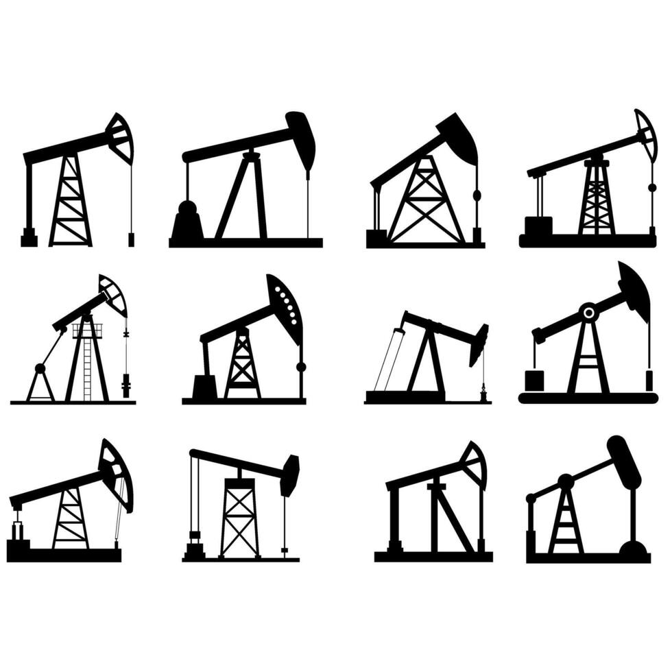 pomp jack icoon set. olie illustratie teken. olie boren symbool verzameling. olie pompen logo. vector