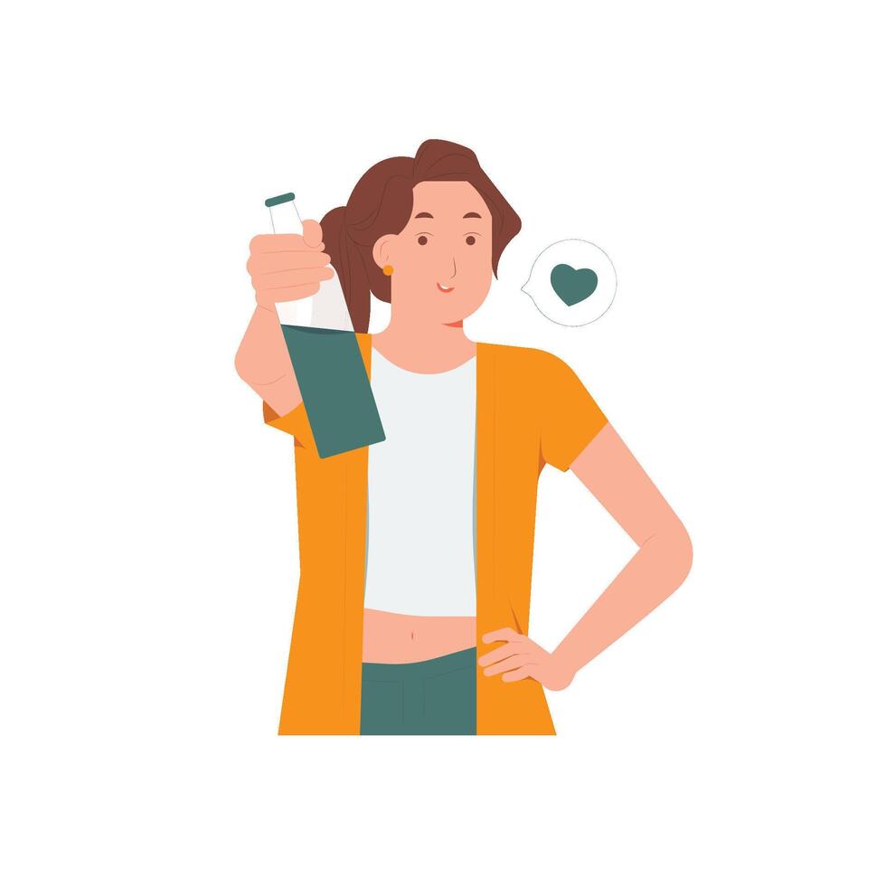 mooi jong vrouw drinken en verhogen arm met fles van verkoudheid bier concept illustratie vector