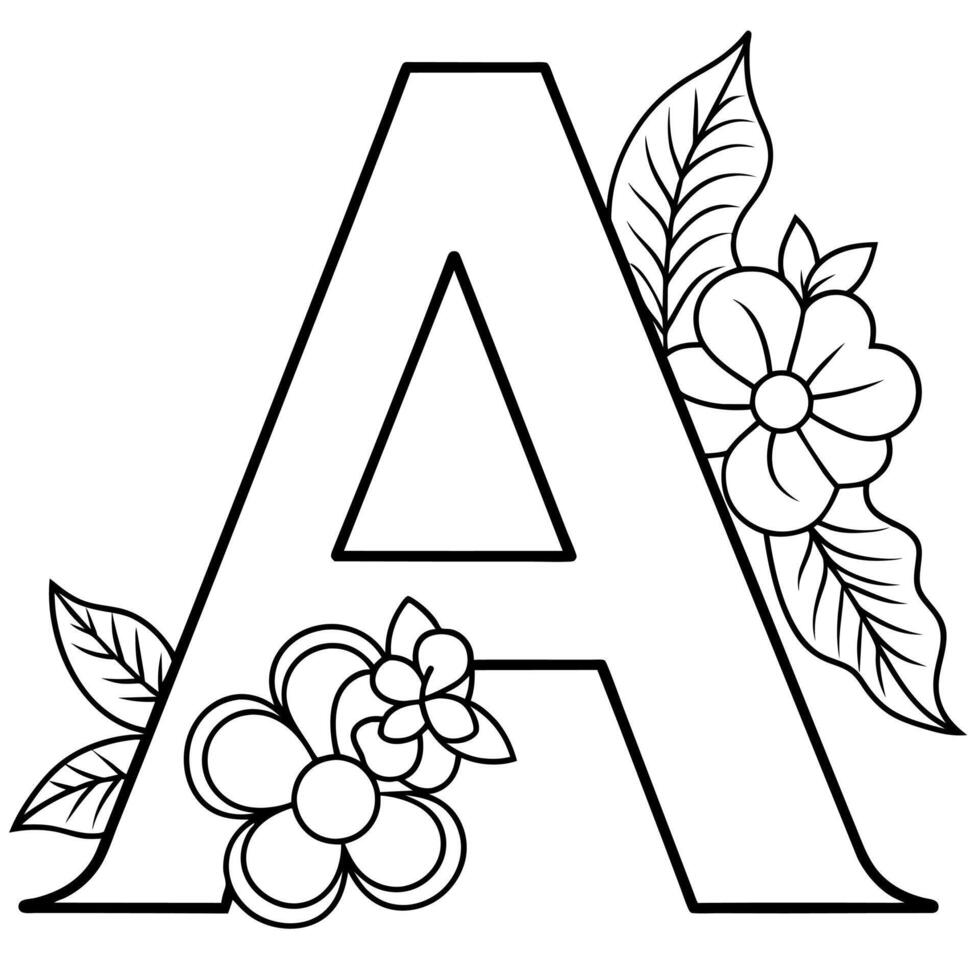 alfabet een kleur bladzijde met de bloem, een brief digitaal schets bloemen kleur bladzijde, abc kleur bladzijde vector